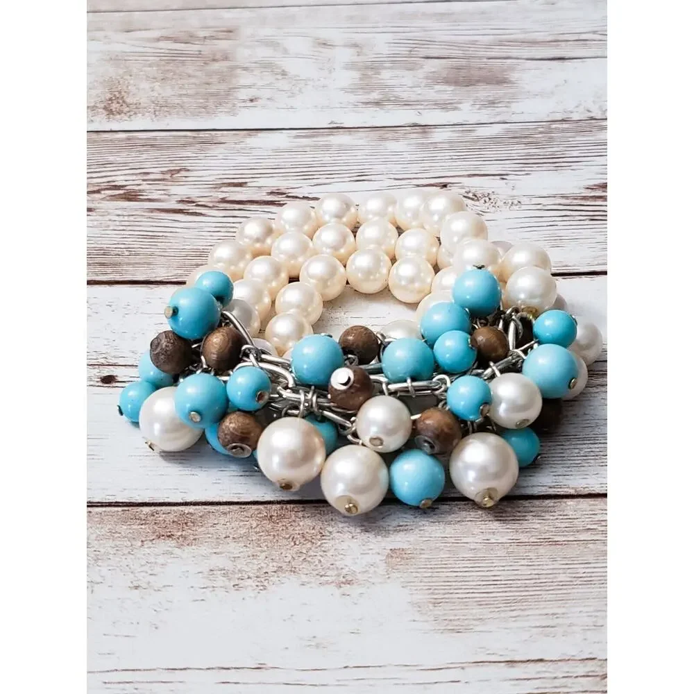 Vintage Bracelet / Bangle - Faux Pearl and Blue & Brown Tones